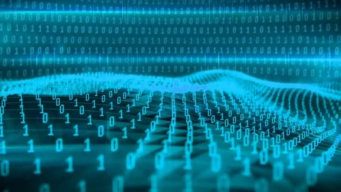 Animation of the blue binary waves vs 0 1 digits Stock Footage 76392805
