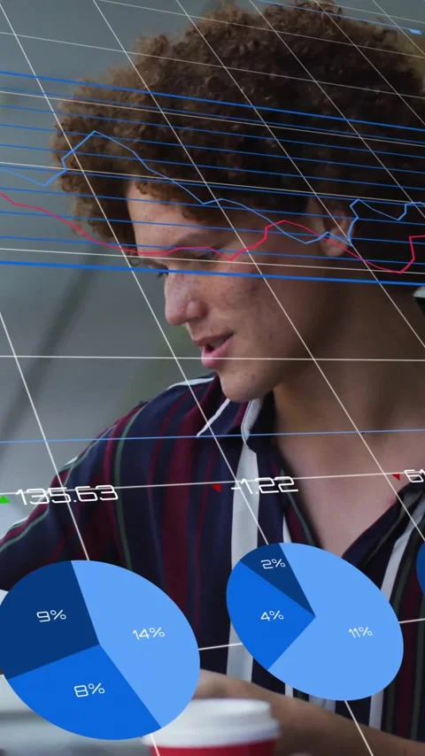 Animation of blue charts processing data over diverse male colleagues talking at Stock Footage 342707777