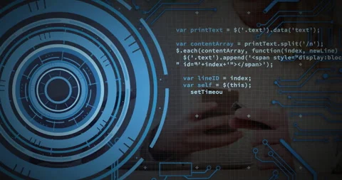 Animation of blue circular graphics with programming code in futuristic Stock Footage 303607925