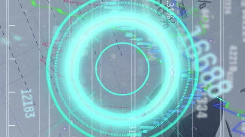 Animation of blue circular scanner over layers of processing data on grey Stock Footage 313377827