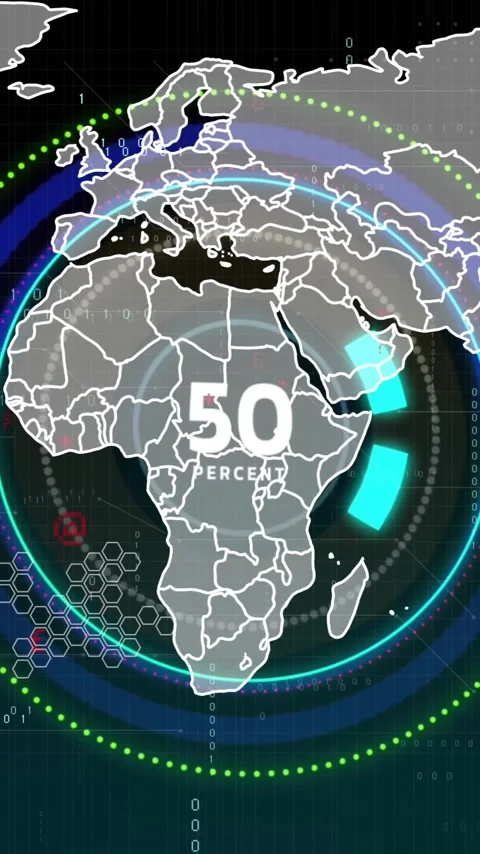 Animation of blue circular scanner tracking percent over grey world map on dark Stock Footage 320759617