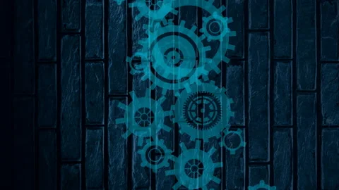 Animation of blue cogs moving on navy brick background Stock Footage 207366843