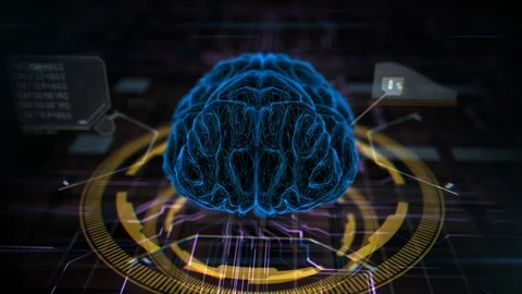 Animation of blue color brain with sci-fi style elements with moving camera Vídeo Stock 120850458