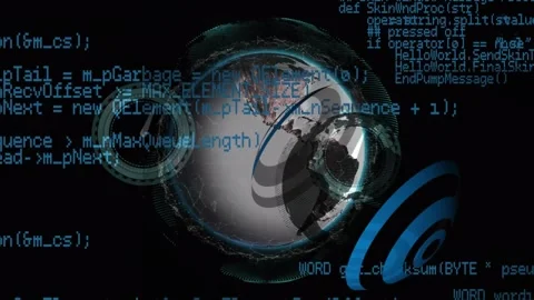 Animation of blue colored programming language over shield around globe and Stock Footage 327122750