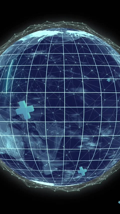 Animation of blue crosses falling over globe with network of connections on Stock Footage 341953488