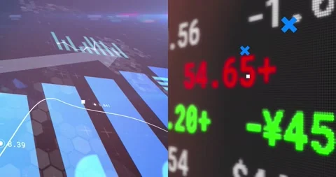Animation of blue crosses over data processing on graphs, and financial Stock Footage 157241127