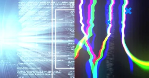 Animation of blue crosses over data processing, colourful screen, text wow, and Stock Footage 157241132