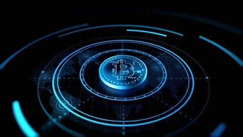 Animation. blue crypto coin with microchips and energy lines. Motion graphic of Stock Footage 336442728