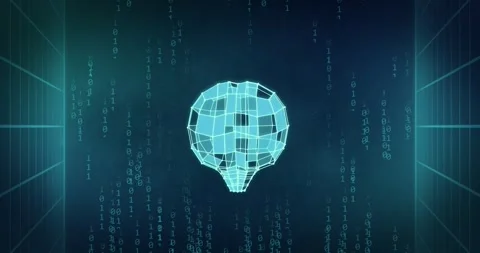 Animation of blue cuboid brain rotating over binary data and blue grids on dark Stock Footage 244733957