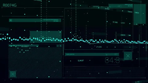 Animation of blue data stream and processing data over dark interface screens Stock Footage 264866190