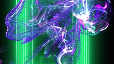 Animation of blue digital wave over neon green football pitch layout against Stock Footage 312570445