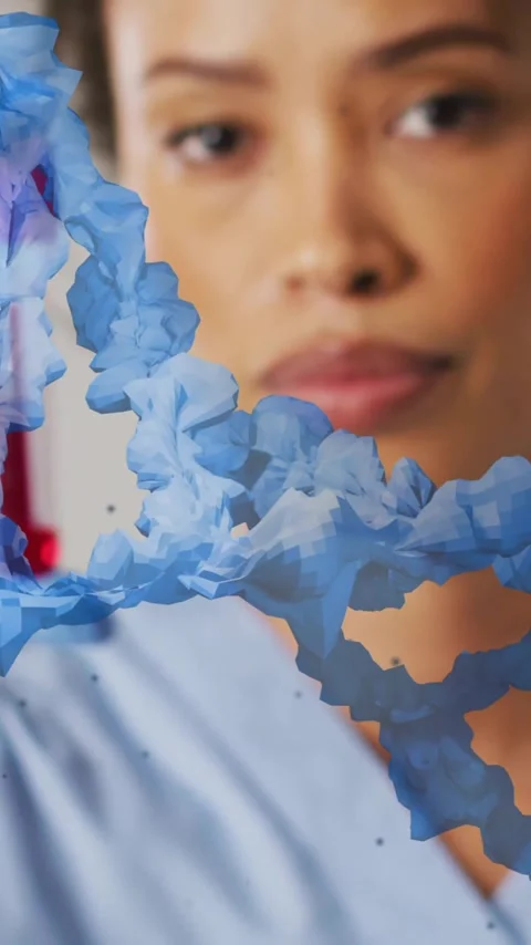 Animation of blue dna strand over female doctor holding blood sample Stock Footage 341991861
