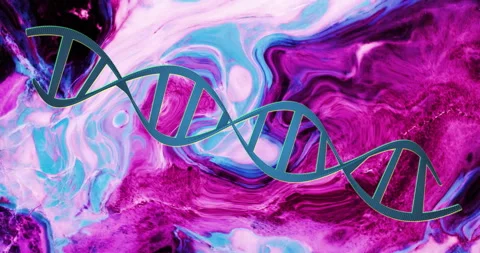 Animation of blue dna strand rotating over moving pink and blue liquid Stock Footage 268068305