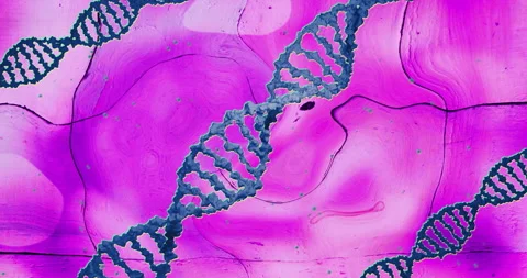 Animation of blue dna strands rotating on pink liquid moving over tiles Stock Footage 268068345