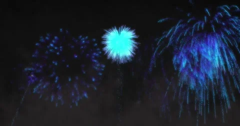 Animation of blue fireworks exploding on black background 스톡 동영상 331145322