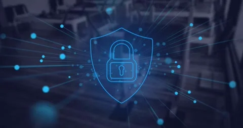 Animation of blue glowing spots and security padlock icon against empty office 스톡 동영상 326412419