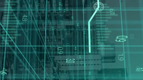 Animation of blue graph and data processing on 3d grid over buildings in modern Stock Footage 312566703