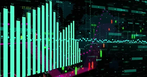 Animation of blue graph over layers of charts processing data on black Stock Footage 329487668