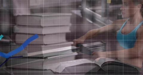 Animation of blue graphs and stack of books against caucasian fit woman working Stock Footage 326423933