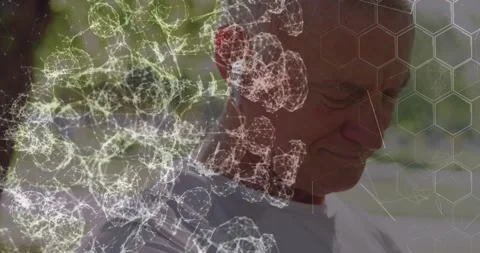 Animation of blue hexagon pattern over connecting dots, caucasian mature man Stock Footage 328302807