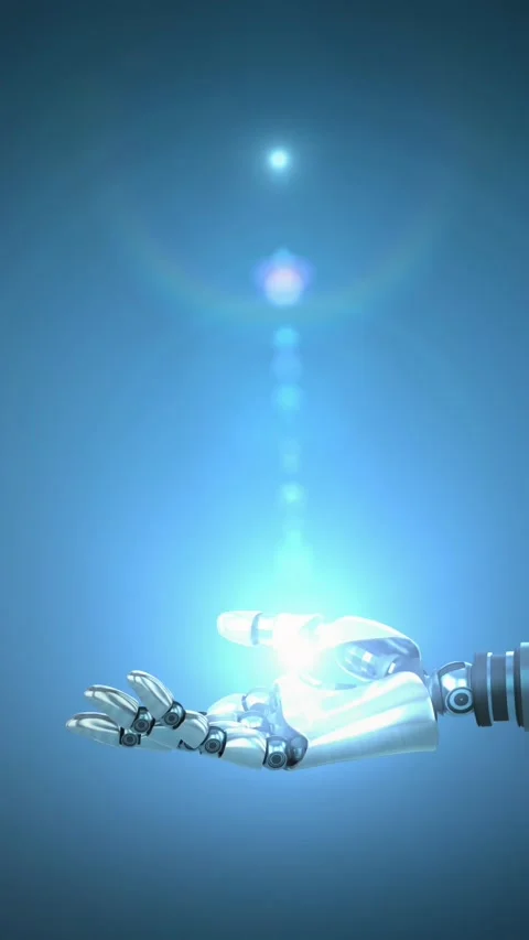 Animation of blue light with lens flare over hand of robot arm, on blue Stock Footage 344595540