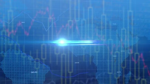 Animation of blue light spot over statistical data processing and world map Stock Footage 329704860