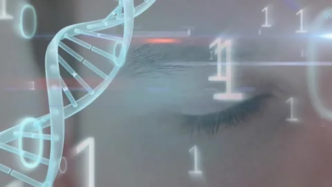 Animation of blue light spot, spinning dna structure and binary coding over Video stock 233650827