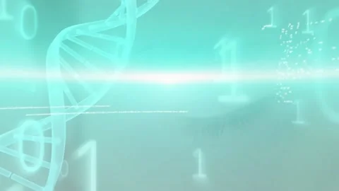Animation of blue light trail over dna structure and binary coding against close Video stock 233650820