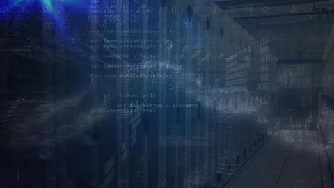 Animation of blue light trails and data processing over digital wave against Stock Footage 327444514