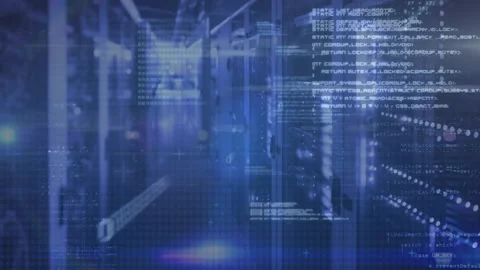 Animation of blue light trails and data processing against empty computer server Stock Footage 327445865