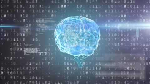 Animation of blue light trails over spinning human brain and binary coding Stock Footage 254691771