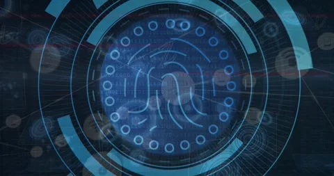 Animation of blue lights rotating safe lock with data processing on black Stock Footage 329688402