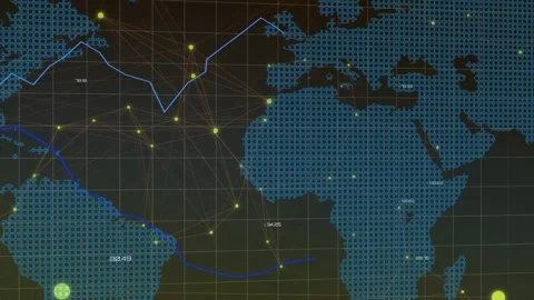 Animation of blue lines and data processing over world map and grid Stock Footage 329578579