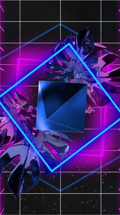 Animation of blue neon square, 3d diamond and leaves rotating over pink grids on Stock Footage 343739536