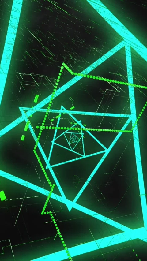 Animation of blue neon triangular spiral and green dots and lines moving on Stock Footage 341952941