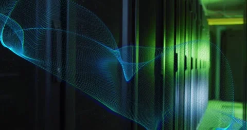 Animation of blue network wave moving over dark computer server room Stock Footage 329509636