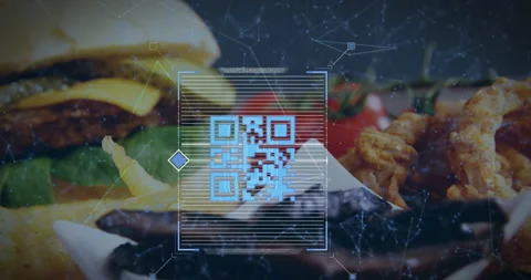 Animation of blue QR code with web connections over fast food meal Stock Footage 142201388