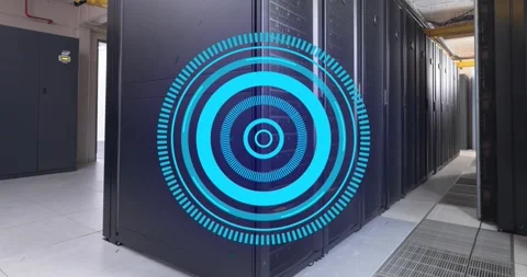 Animation of blue round scanner spinning against computer server room Stock Footage 327063506