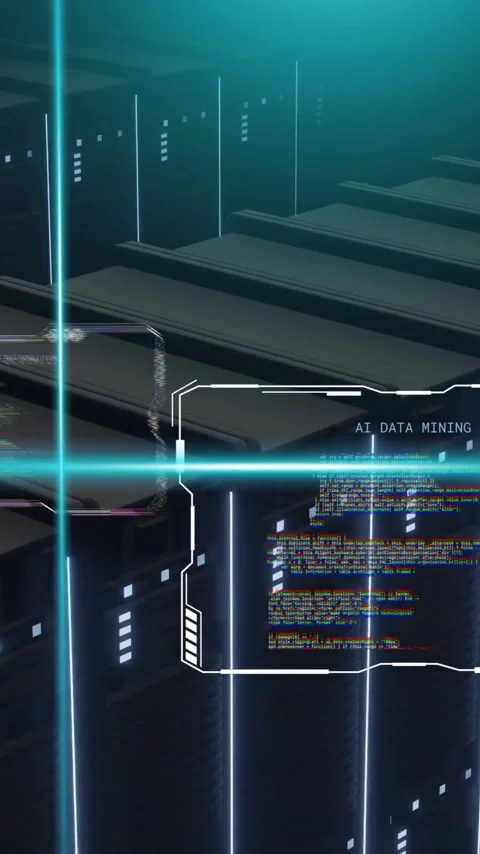 Animation of blue scanner beams and interfaces processing data over banks of Stock Footage 319925998