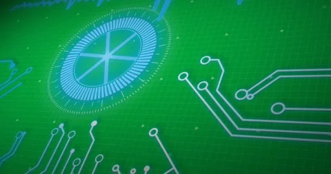 Animation of blue scope scanning and computer circuit board elements on black Stock Footage 324846085