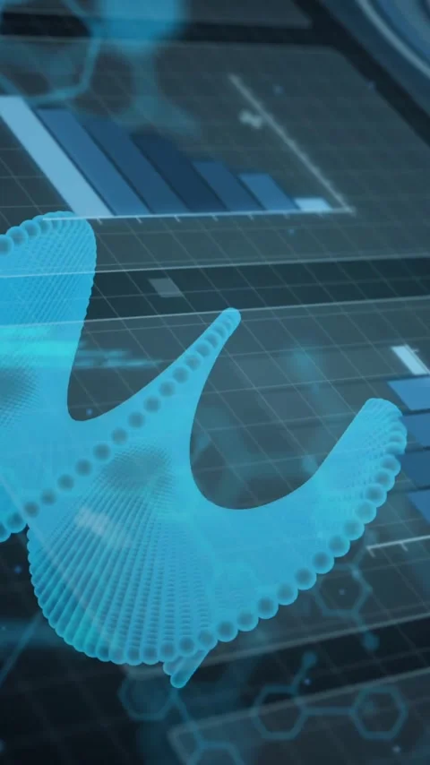 Animation of blue spirals spinning over financial data processing and chemical Stock Footage 341977057