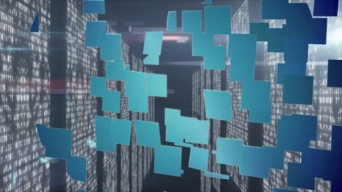 Animation of blue squares making cloud over lights and servers Stock Footage 328931384