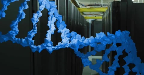 Animation of blue textured dna strand rotating over computer server room Stock Footage 328507579