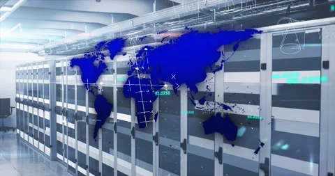 Animation of blue world map and maths calculations over computer server room Stock Footage 203891763