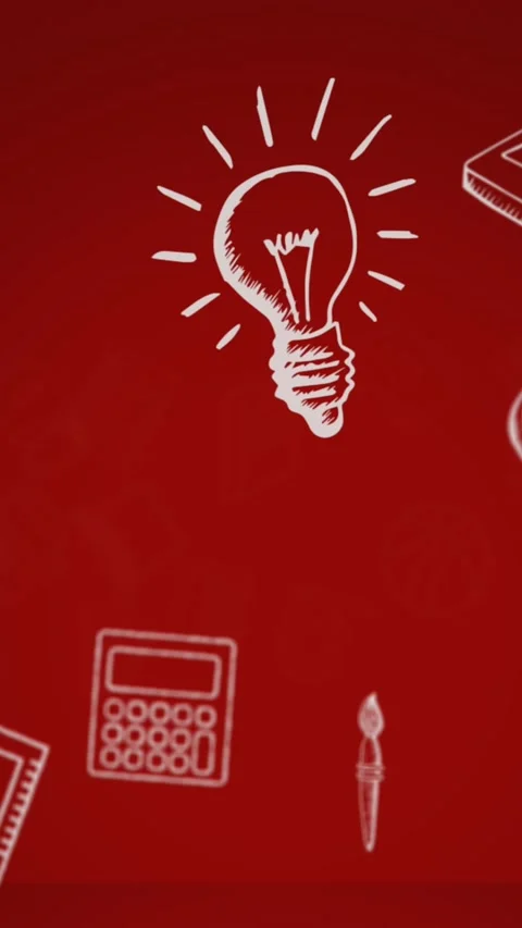 Animation of book, laptop, scale, globe, bus, calculator, light bulb over red Stock Footage 344706447