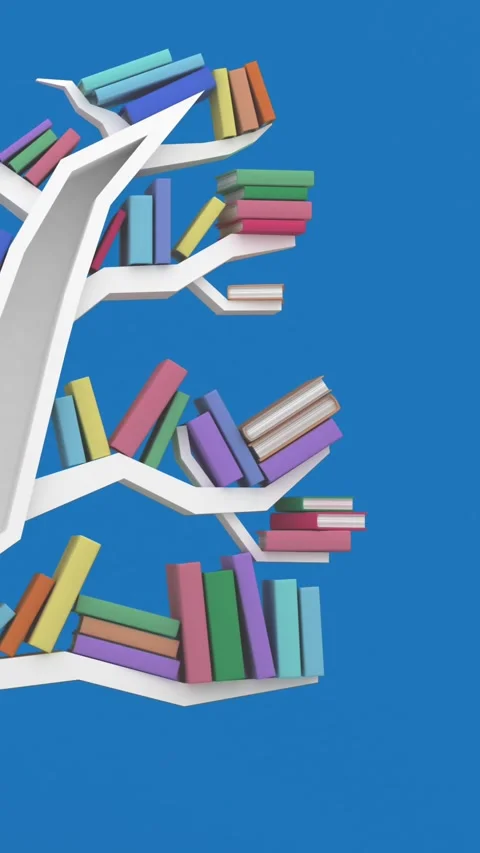 Animation of bookcases in the shape of human head and tree on blue background Stock Footage 343682750