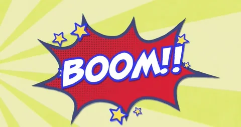 Animation of boom text with exclamation symbols and stars in speech bubble Stock Footage 326412345