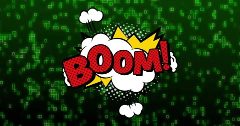 Animation of boom text over retro vibrant pattern and binary coding background Stock Footage 306815640