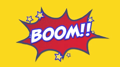 Animation of boom text over a retro speech bubble against abstract shapes on Stock Footage 326190699