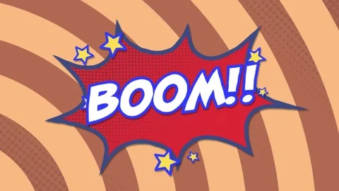 Animation of boom text over retro speech bubble and circles in seamless pattern Stock Footage 329169498